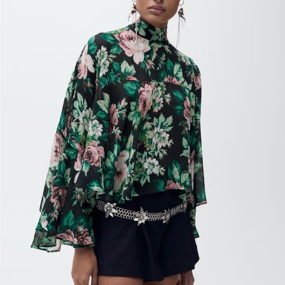 Mango Tops - Mango Floral Blouse - Black and Green